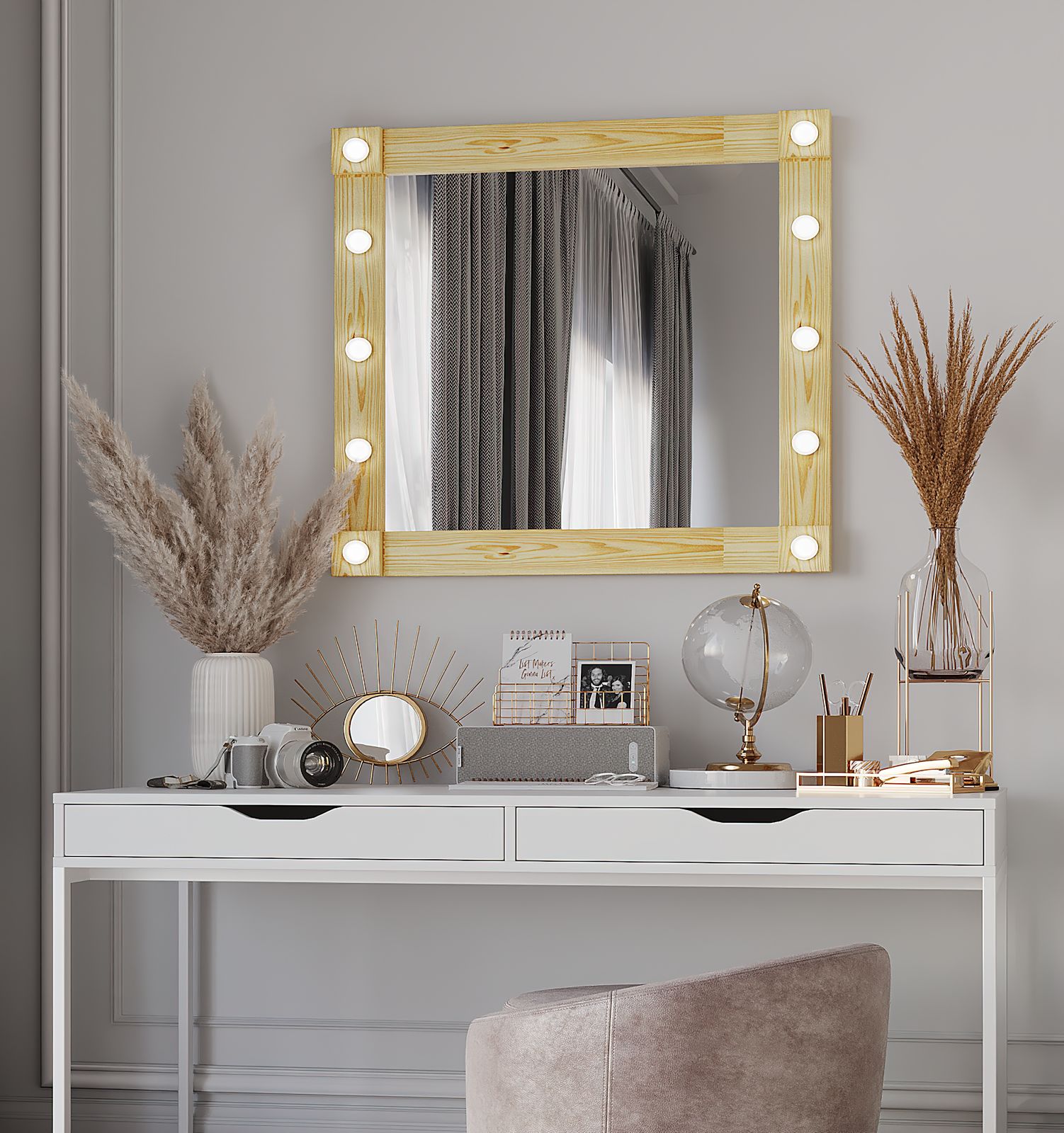 MZF-10205 ГРИМЕРНОЕ ЗЕРКАЛО, лиственница, Silver (серебро), лампочки полусфера, 800х800