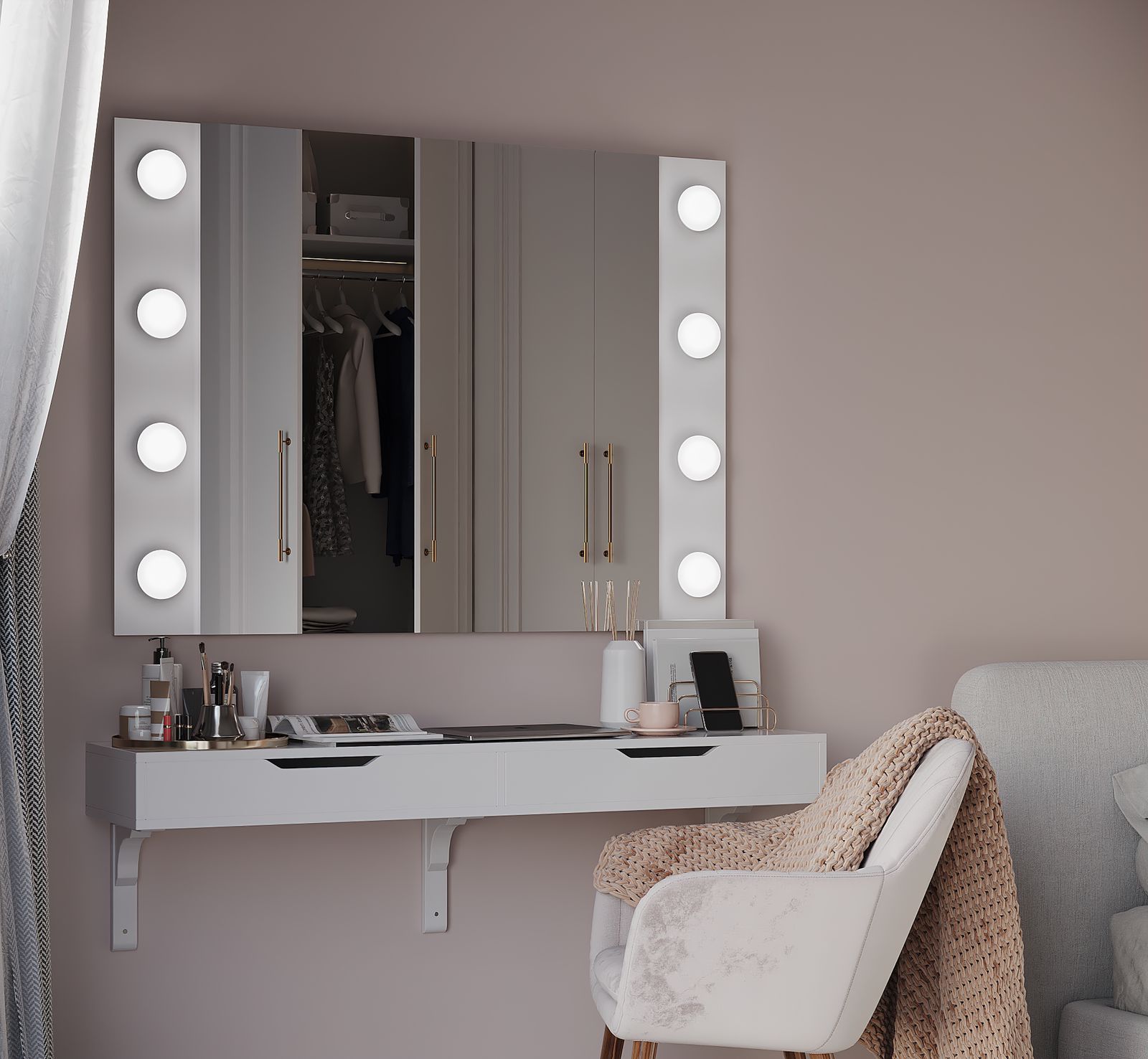 MZF-10241 ГРИМЕРНОЕ ЗЕРКАЛО, Silver (серебро), ПК, лампочки полусфера, кнопка, 600х600